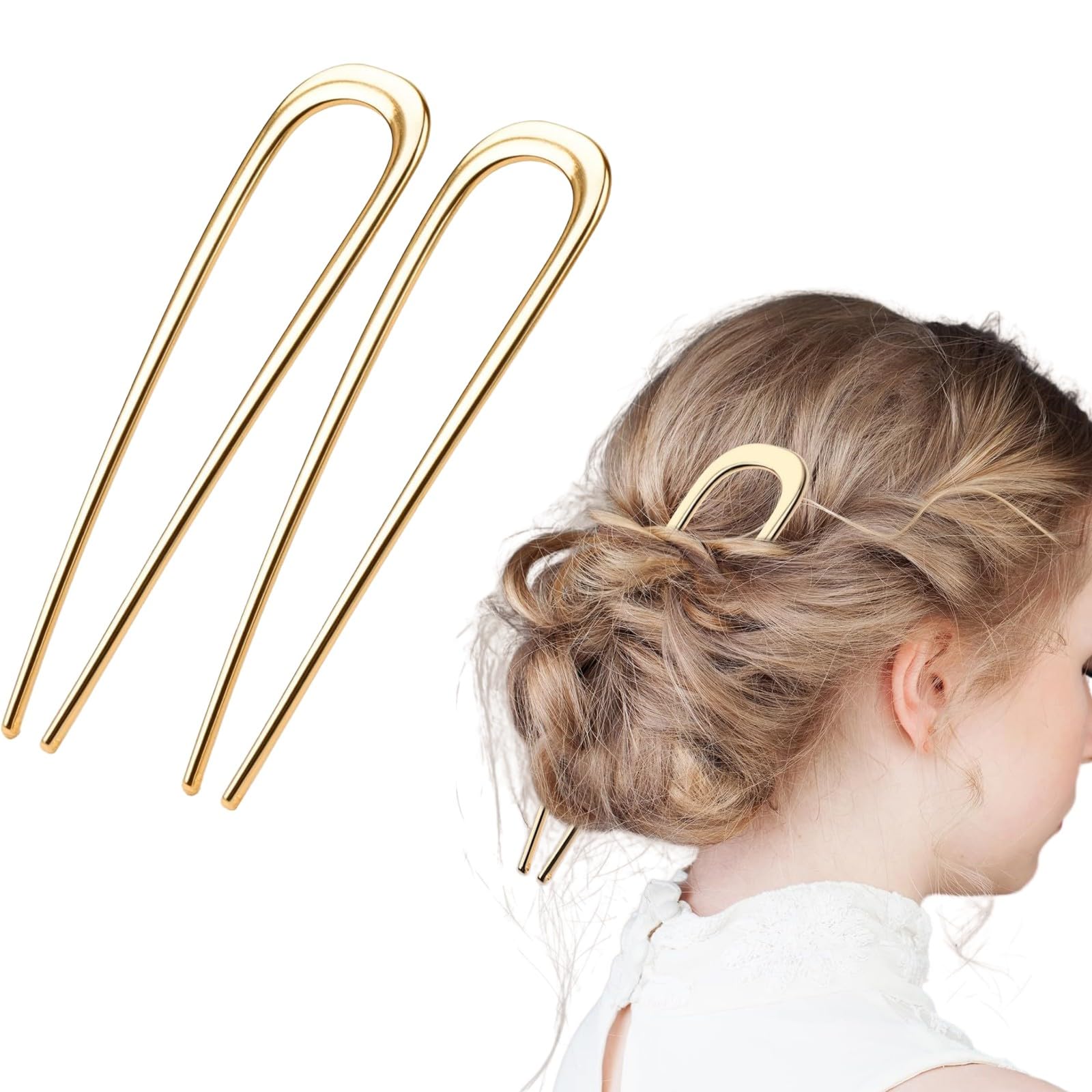 WATEFOER Pack of 2 U-Shaped Hair Pins, Metal Clip, French Hairpin, Vintage 2 Prong Updo Hairstyle, Chignon Pins, Hair Styling Accessories for Girls and Women (Gold)