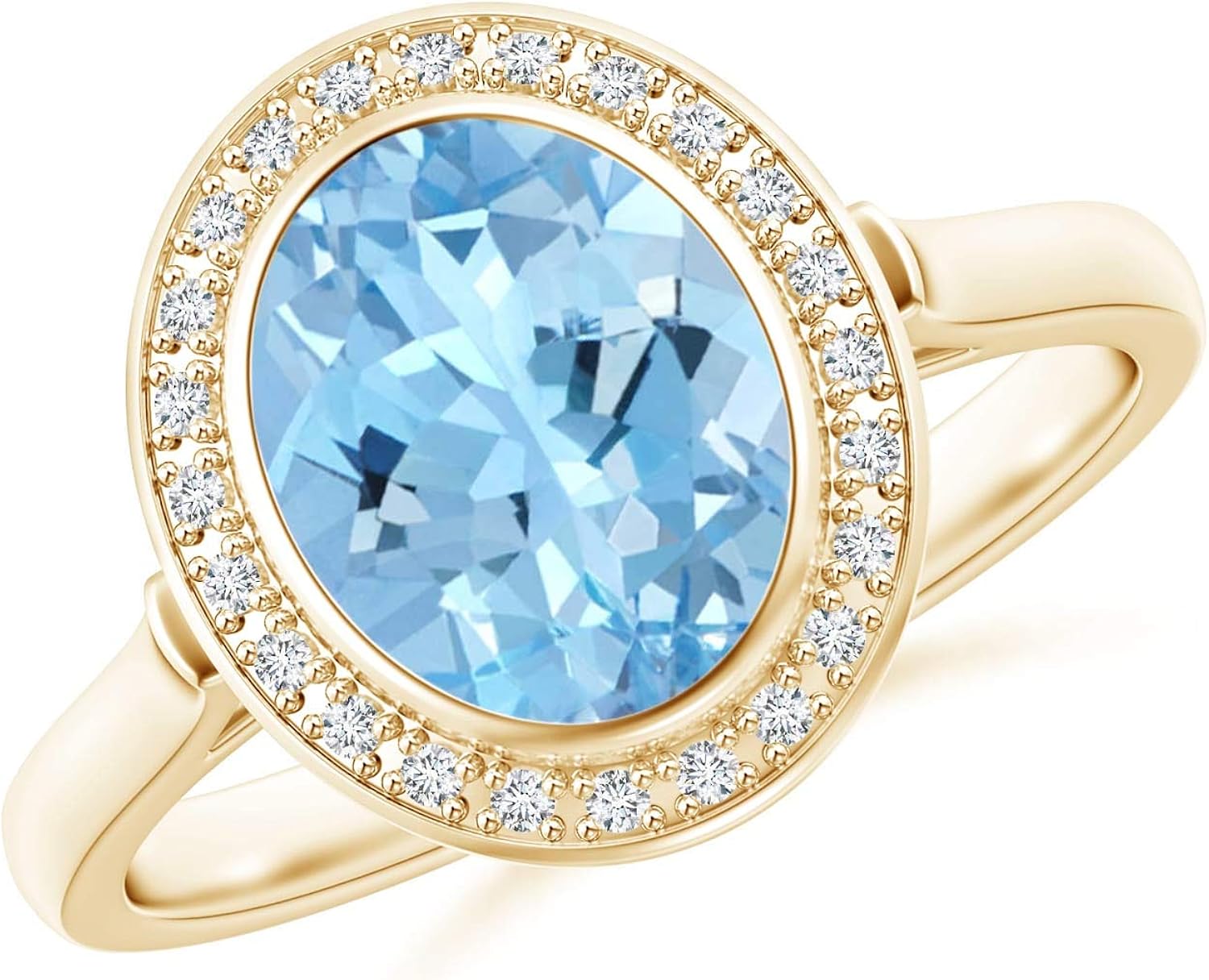 BezelSet Oval Aquamarine Ring with Diamond Halo in 14K Yellow Gold