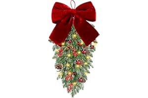 Yunlly 24" Pre Lit Christmas Teardrop Swag Battery Operated Christmas Red Bowknot Swag with Lights, Pine Cones, Pine Branches, Xmas Wreath Garland Ornament for Indoor Outdoor Home Hanging Decor