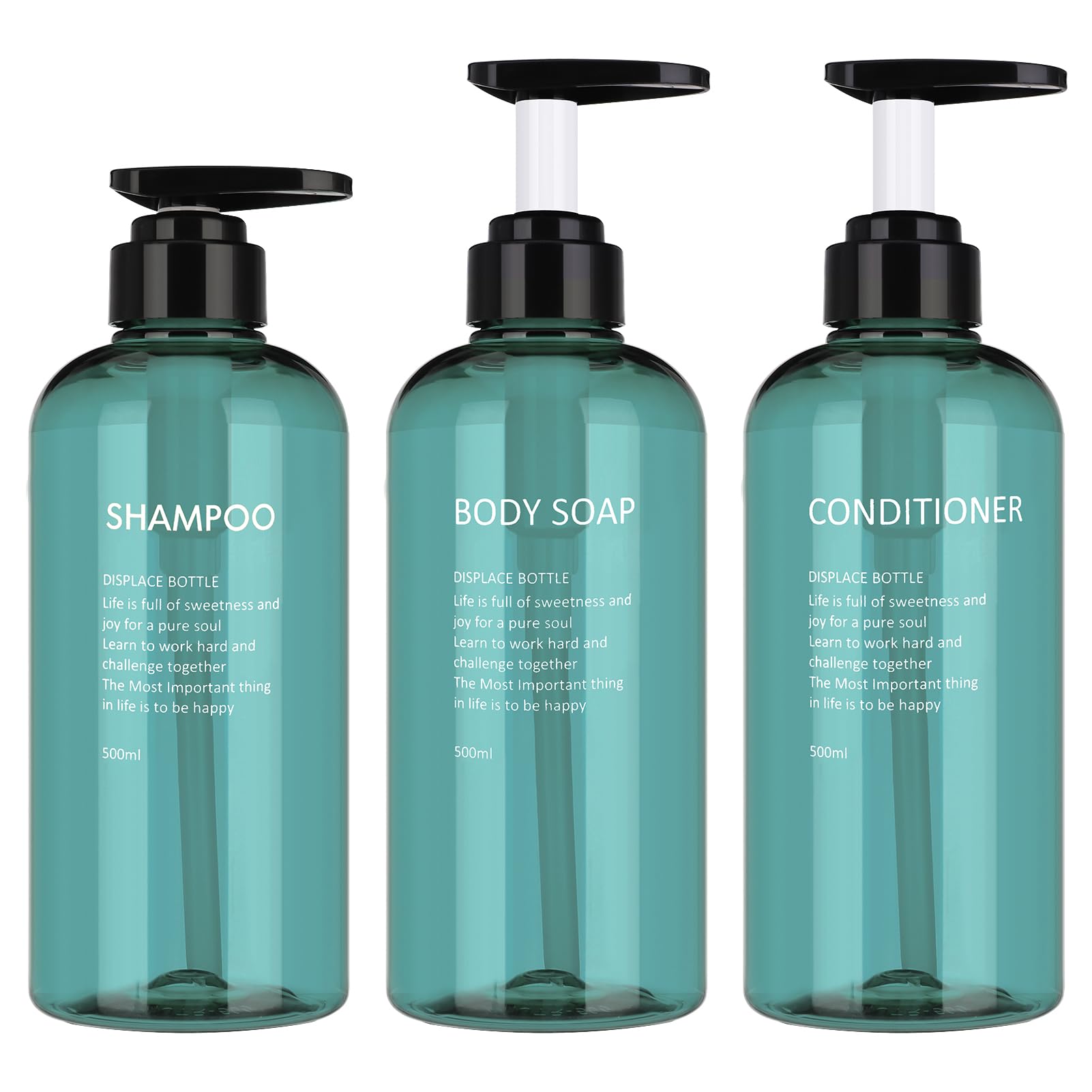 olyee 3 Pack 500ml Empty Shampoo Bottles, 17oz Blue Plastic Bottles with Pump Soap Dispenser Bottle for Bathroom or Kitchen Use - Lotions, Shampoo, Conditioner, Shower Gel