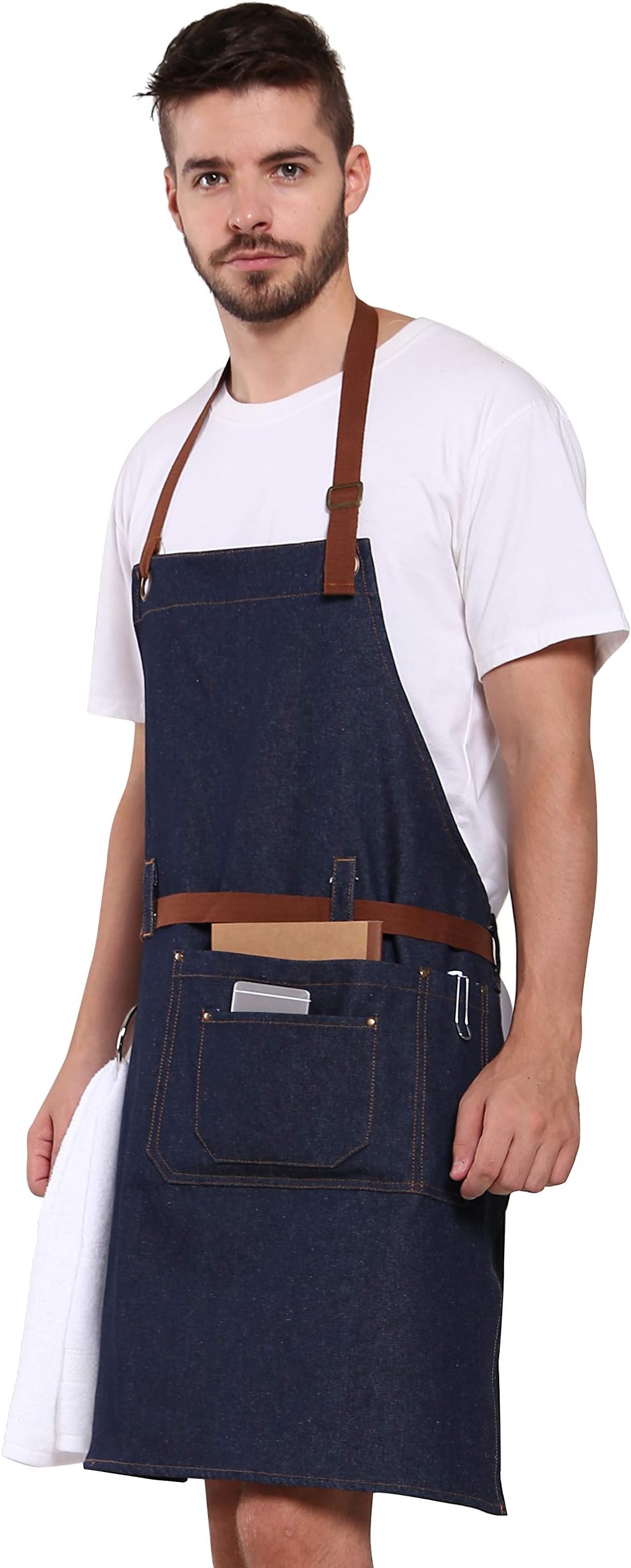KE FEI Durable Blue Denim Cooking Apron with 3 Pockets +Removable Towel Ring + Cotton Strap & Waist Tab,Urban Style - Suitable for Barista Apron,Cooking Apron and Grilling Apron
