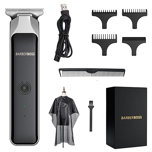 BarberBoss Professional Beard Trimmer, Men’s Facial Groomer, Stainless Steel T-Blade Hair Clipper Kit, Red/Green Light Indicator, Detail Trimmer Men