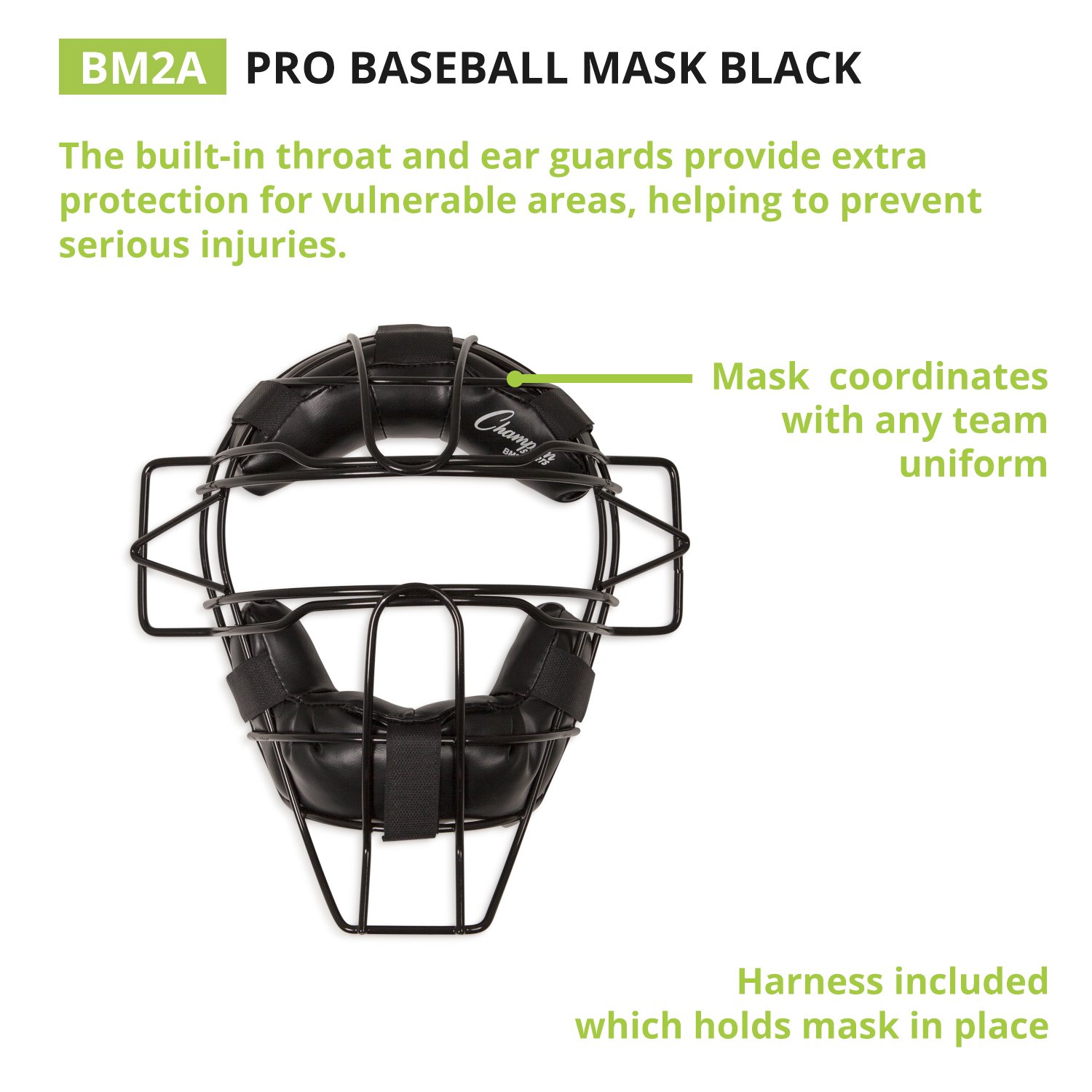 Champion Sports Pro Baseball Adult Mask - Umpires and Catchers - Extra Protection - Extended Guards - Adjustable Harness Baseball Mask - Adult Size,Black
