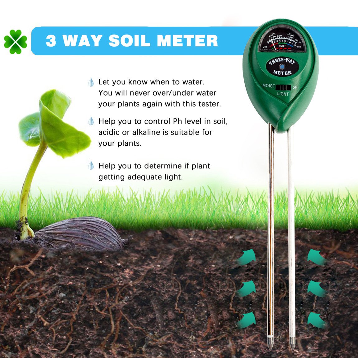 Soil Tester Kits, Three In One Soil Meter With Moisture Light And PH