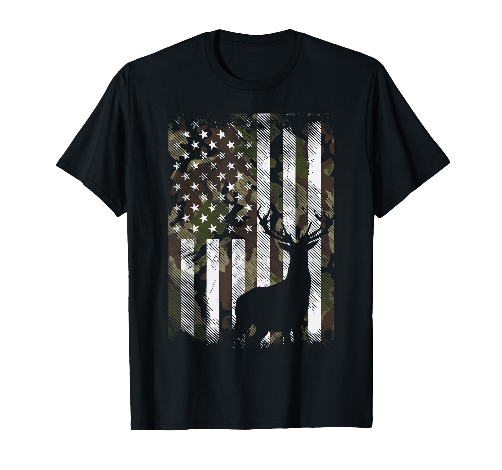 Photo 1 of Size M. Camo US Flag Deer Elk Buck Camoflage Hunting Hunter Dad Gift Short Sleeve T-Shirt