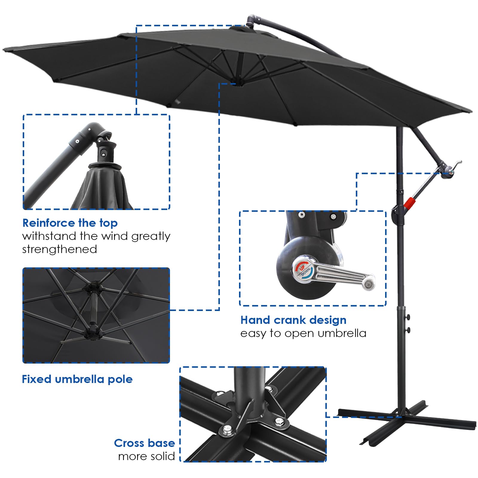 Tubiaz Sonnenschirm 300cm Ampelschirm Groß Alu Kurbelschirm mit Ständer UV-Schutz 40+ Parasol Wasserdicht Gartenschirm Marktschirm für Balkon, Garten, Terrasse,Grau 4