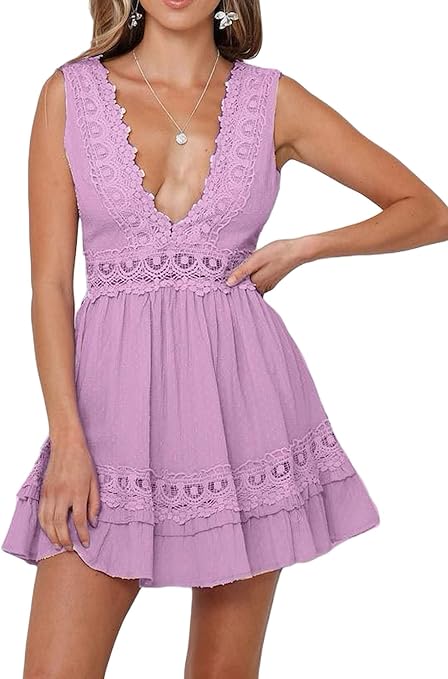 N / D Women One-Piece Casual Sexy Short Dress, Sleeveless Deep V-Neck Backless Lace Hem Beach 