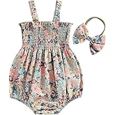 Infant Baby Girl Summer Outfit Clothes Sleeveless Smocked Cotton Linen Romper with Headband