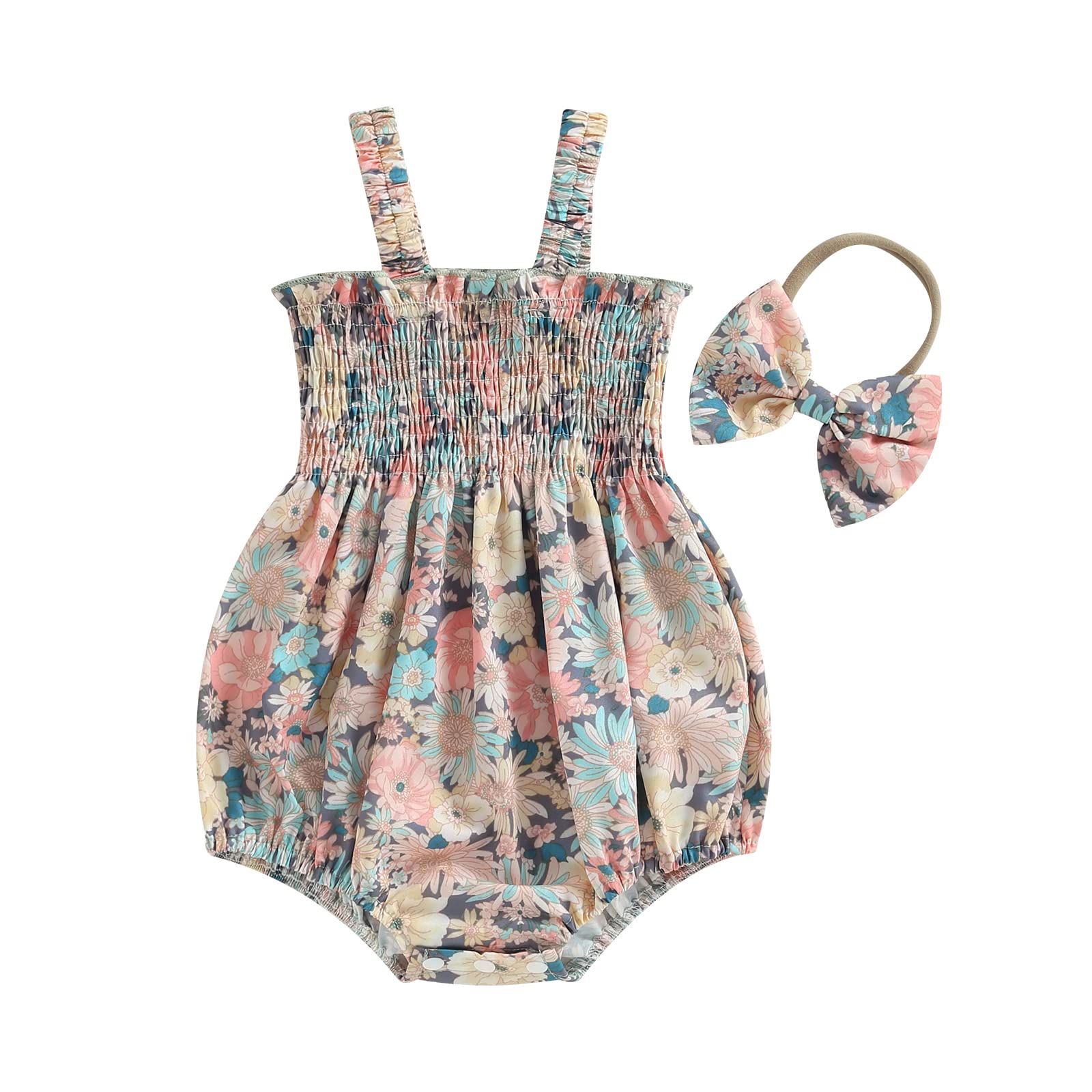 Photo 1 of Infant Baby Girl Summer Outfit Clothes Sleeveless Smocked Cotton Linen Romper with Headband (Flower, 6-12 Months)