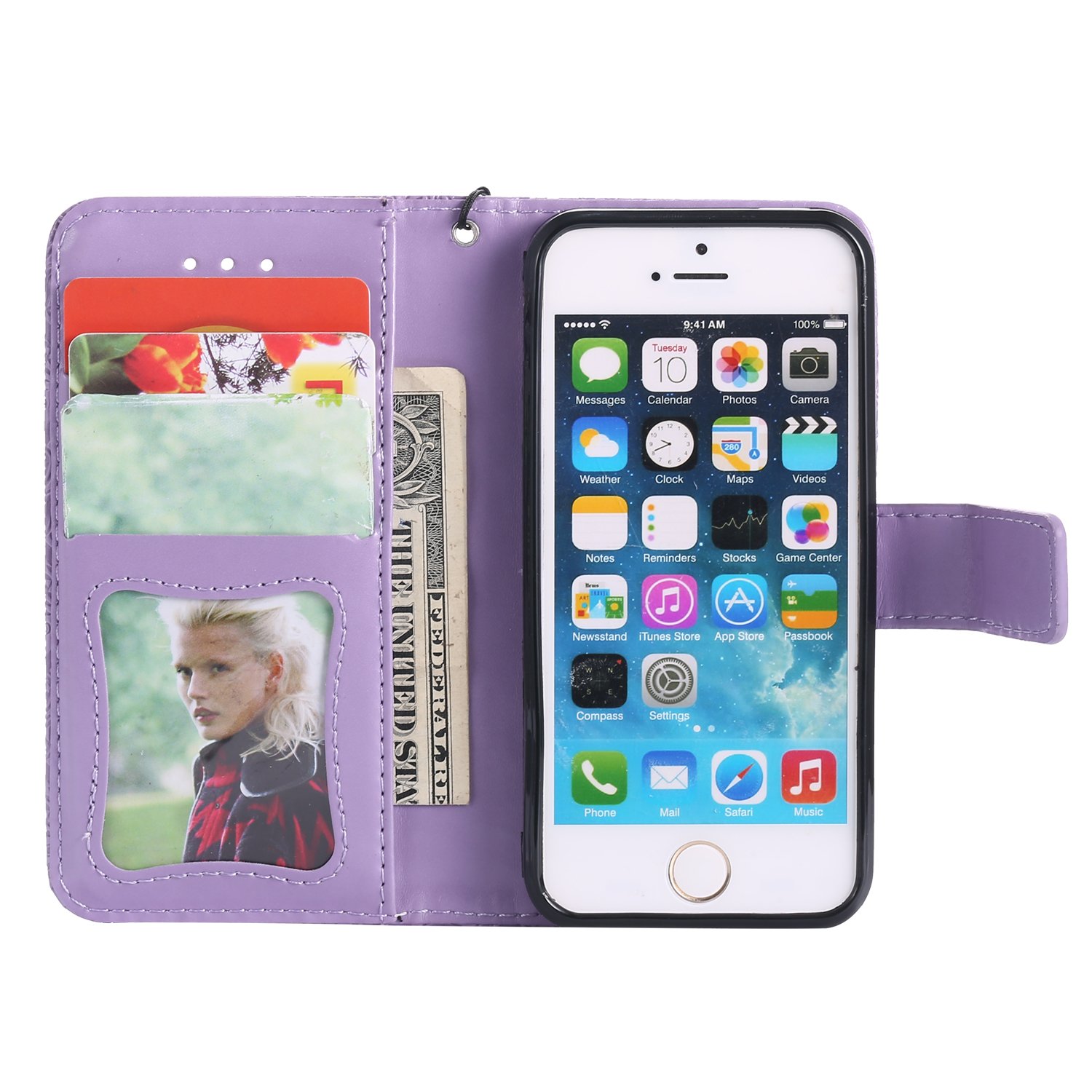 保障できる Iphone 5sケース Iphone Seケース Binguowang Puレザーフリップ財布型ケース エンボスファッションフローラルパターンフォリオ磁気保護カバーケースカードスロット付きapple Iphone Se 5s 5 パープル パープル Bvwb オープニング大放出セール