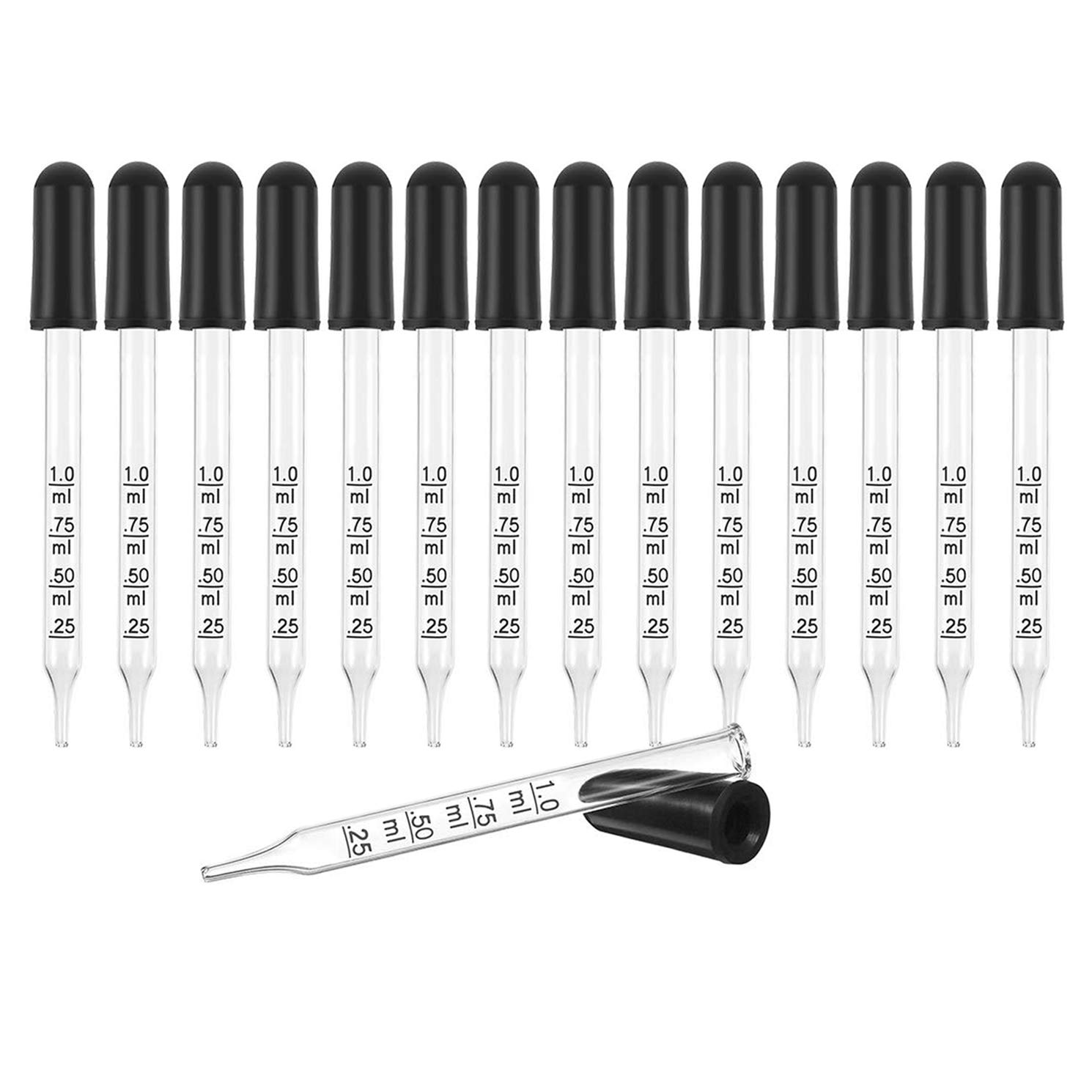 Cettkowns 1ML Straight-Tip Calibrated Essential Oils Eye Glass Dropper Pipette with Black Suction Bulb for Medicine Art Liquid Plant Nutrients (15-Pack)