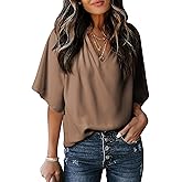 Dokotoo Womens Dressy Chiffon Blouses Summer Bell Short Sleeve Shirts V Neck Business Casual Work Tops
