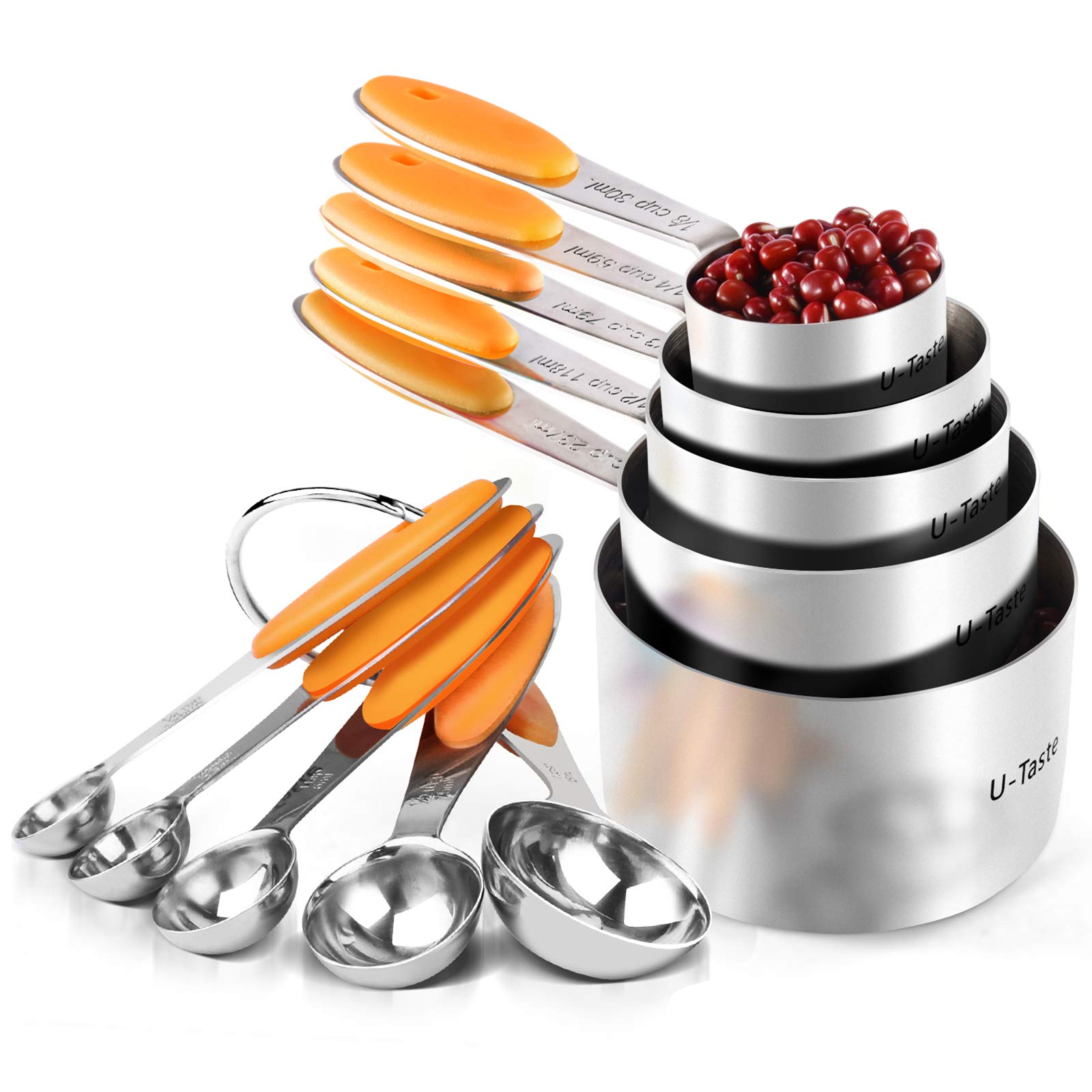 U-Taste 18/8 Stainless Steel Measuring Cups and Spoons Set of 10, Upgraded Thickness Handle (Orange)