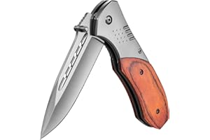 KEXMO Pocket Knife for Men - Wood Handle Folding Pocket Knives with Clip, Glass Breaker - 3.46" Sharp Blade EDC Knife for Dad Tactical Hunting Survival Camping Fishing Hiking - Grey