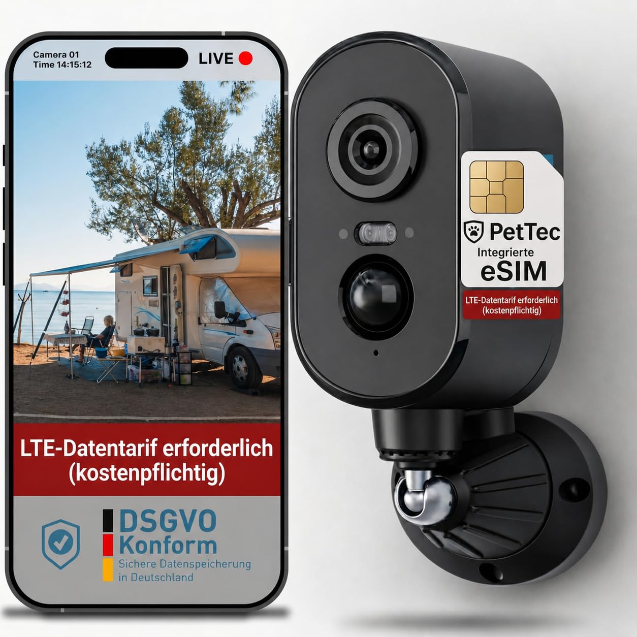 PetTec Cam Free 4G Überwachungskamera [4G/LTE OHNE WLAN] mit Akku & Schwenk Funktion - Outdoorkamera 3MP Ultravision, Bewegungserkennung, 15m Nachtsicht IP65 Flutlicht Sirene, Rückfahrkamera