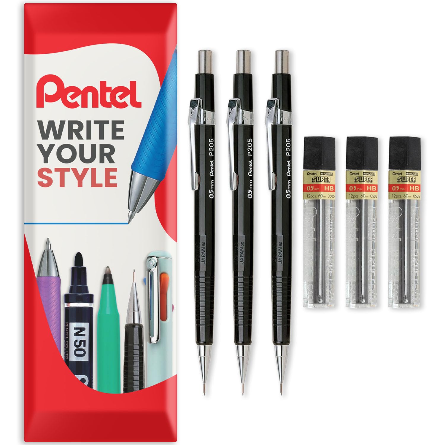 Pentel P200 Series Automatic Mechanical Pencils - HB Lead - 3 x Pencils + 3 Tubes of Refill Leads - In Envelope Gift Packaging (P205 (0.5mm))