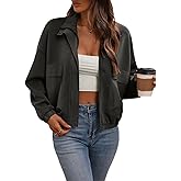 FLYCURVY Women's Cropped Oversized Safari Jackets Zip Up Stand Collar Neck Long Sleeve Utility Anorak jacket with Pocket