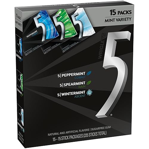 5 GUM Peppermint Cobalt, Spearmint Rain, Wintermint Ascent Sugar-Free Chewing Gum Variety Pack, 15 Packs, WRIGLEY'S 15 Stick