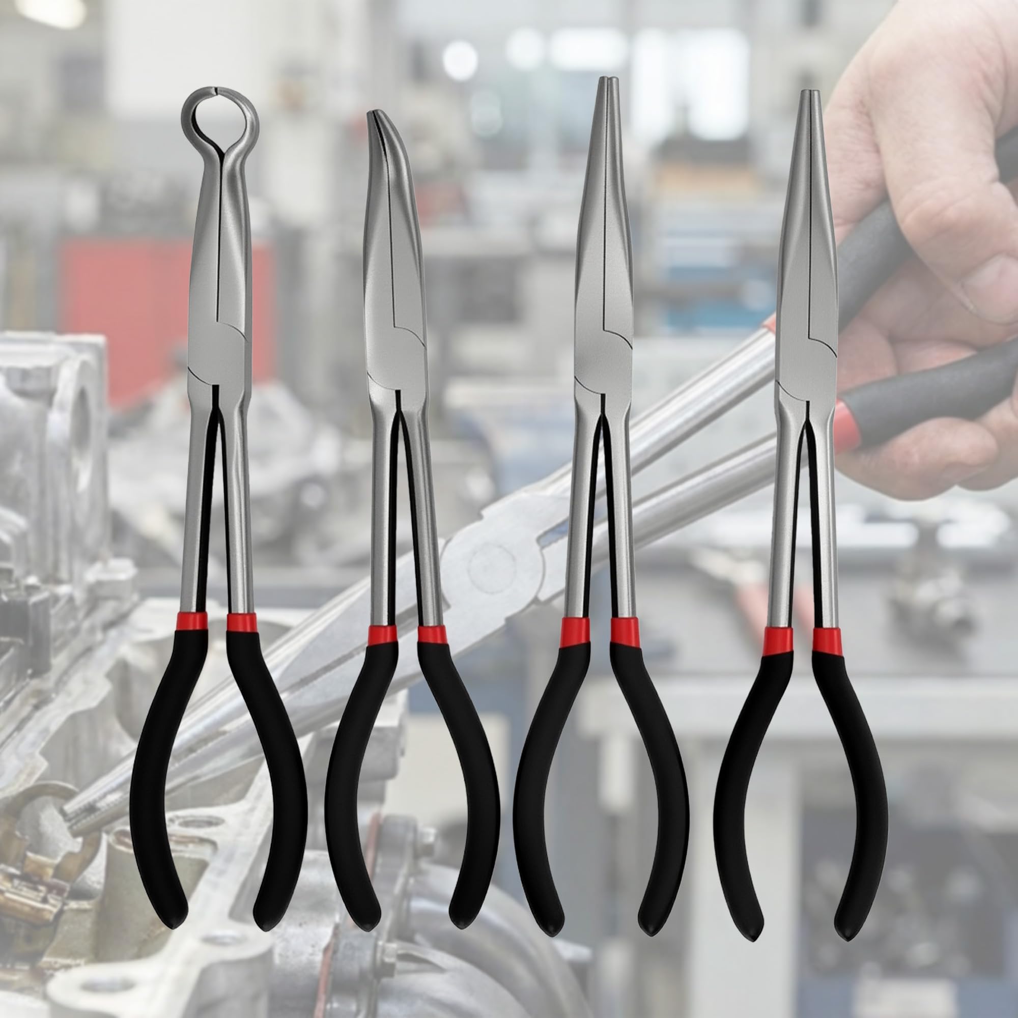 4-Piece Long Nose Pliers Set: 11 Inch Straight Needle Nose Pliers, 45 Degrees, 90 Degree Angle and Circular Pliers for Long Reach for Industry, Construction, Mechanical Engineering, Automotive