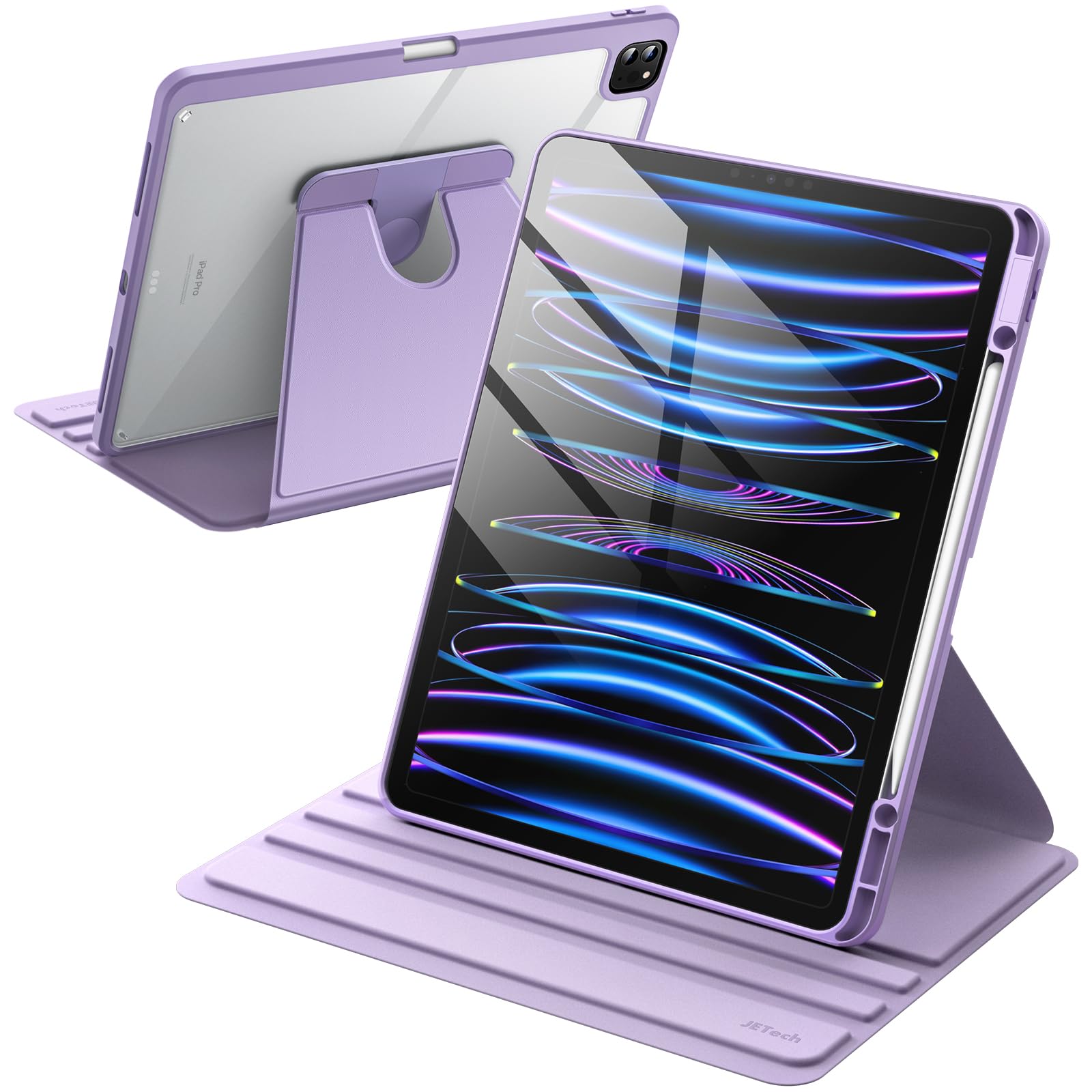 JETech Rotating Case for iPad Pro 12.9-Inch (2022/2021/2020/2018) with Pencil Holder, 360 Degree Rotation Protective Stand Cover Clear Back, Auto Wake/Sleep (Light Purple)