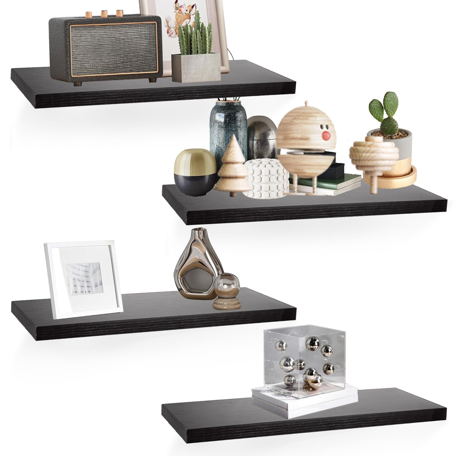 CYEER 4 Pack Floating Shelves, Black Display Storage Wall Shelves, Wooden Invisible Book Shelves for Wall Office, Bedroom, Living Room and Kitchen Wall Decoration Storage and Display