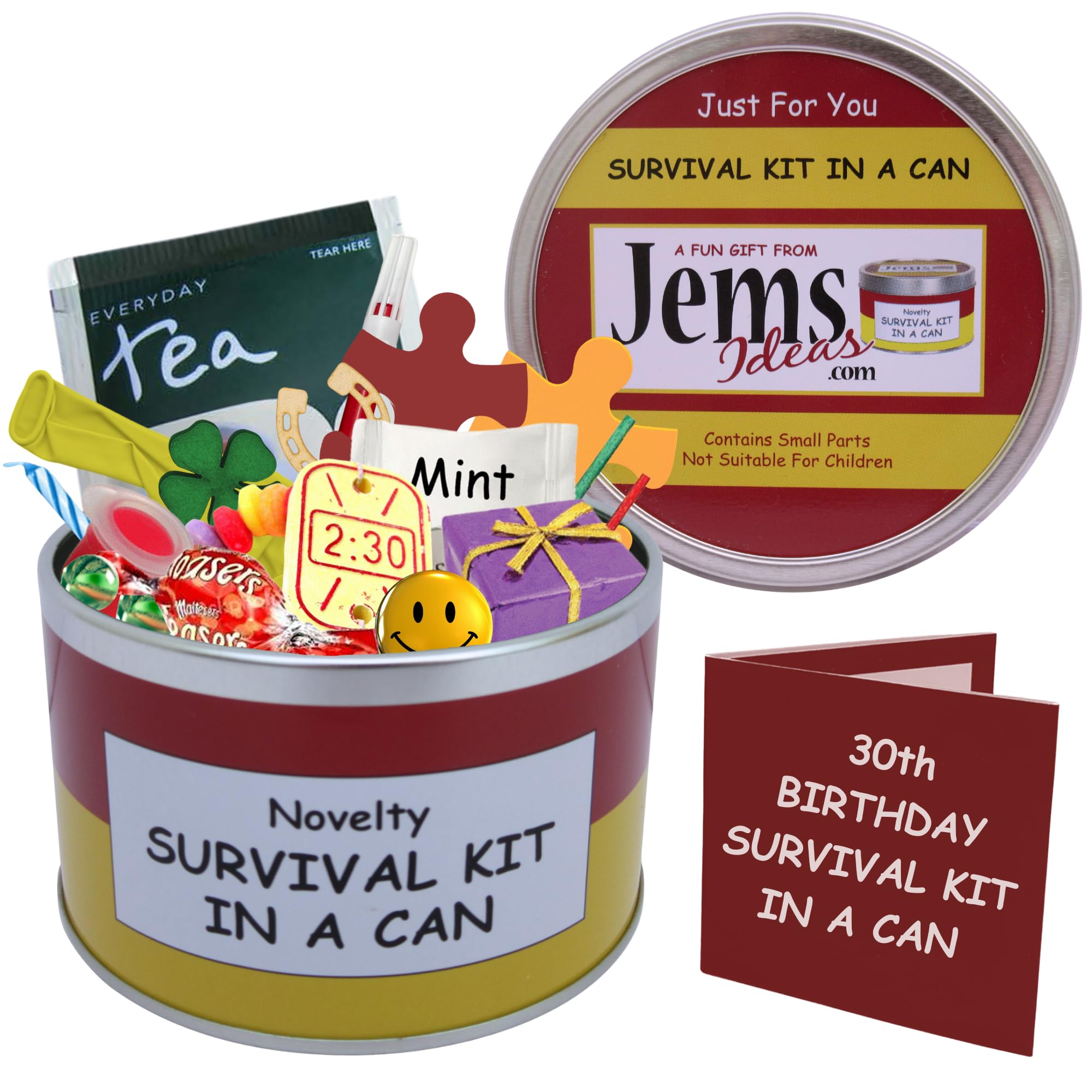 30th Birthday Survival Kit in a Can – Funny Novelty Gift for Men & Women – Unique Keepsake Present for Him or Her – Quirky Gift Box Packed with Fun for Milestone Celebration (Red/Yellow)