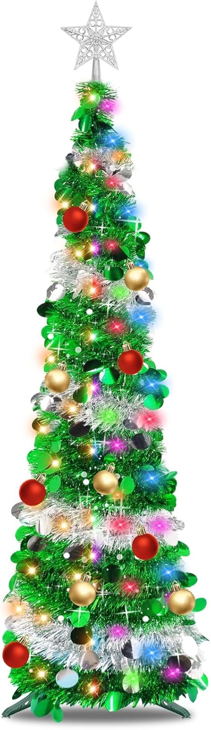 Trees - Dual Color Change Lights & Timer - 5 Ft Tinsel Christmas Tree Ball Ornaments Star Pop up Christmas Tree Battery Operated Warm White/Multicolor Light Sequin Holiday Xmas Decoration Indoor Home Party