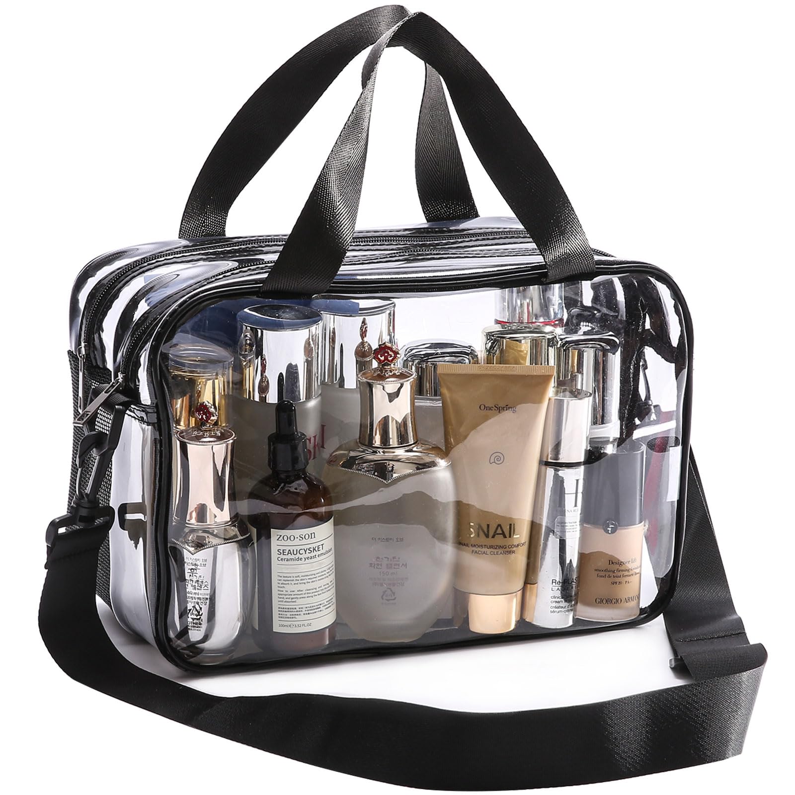 Photo 1 of Officentra Clear Toiletry Bag for Women with Zipper–Clear Makeup Bag with Shoulder Strap & Handheld Handles – Stadium Bags for Women with Wet/Dry Compartments for Concerts, Travel, Work & Sports