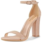 ElElax Women's 4 Inches Block High Heels Sandal, Nude Black Silver, Ankle Strap, Open Toe, for Wedding, Party, Prom