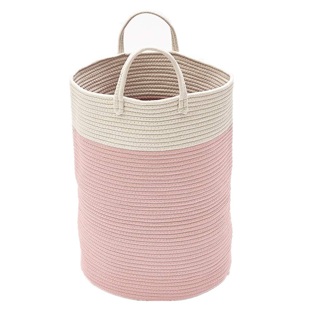 KIKOM Natural Woven Cotton Rope Basket, Laundry Basket,Blanket Basket,Woven Storage Basket,Children & Pet Toy Storage Basket, Round Natural Woven Basket with Fur Ball (L-Pink)