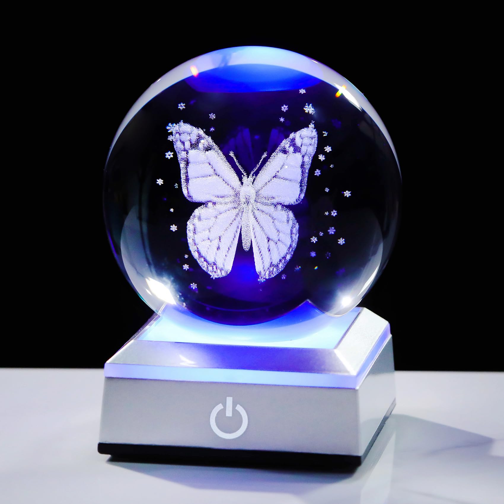 Movdyka 3D Crystal 3.15in Ball Engraved Butterfly with LED Light Base Figurine Gifts for Women, Sphere Decorative Ornaments for Room Keepsakes for Her Daughter Bestie