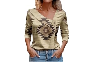 Attine Spring Going Out Tops for Women 2024 Cute Print T Shirts Long Sleeve V Neck Blouse Asymmetric Lapel Button Tees Shirts
