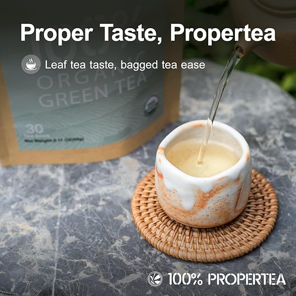 100% PROPERTEA ORGANIC GREEN TEA BAGS, 100 COUNT ECO-FRIENDLY TEA BAGS, LIGHT TASTE, CAFFEINATED, RICH IN ANTIOXIDANTS, RESEALABLE POUCH