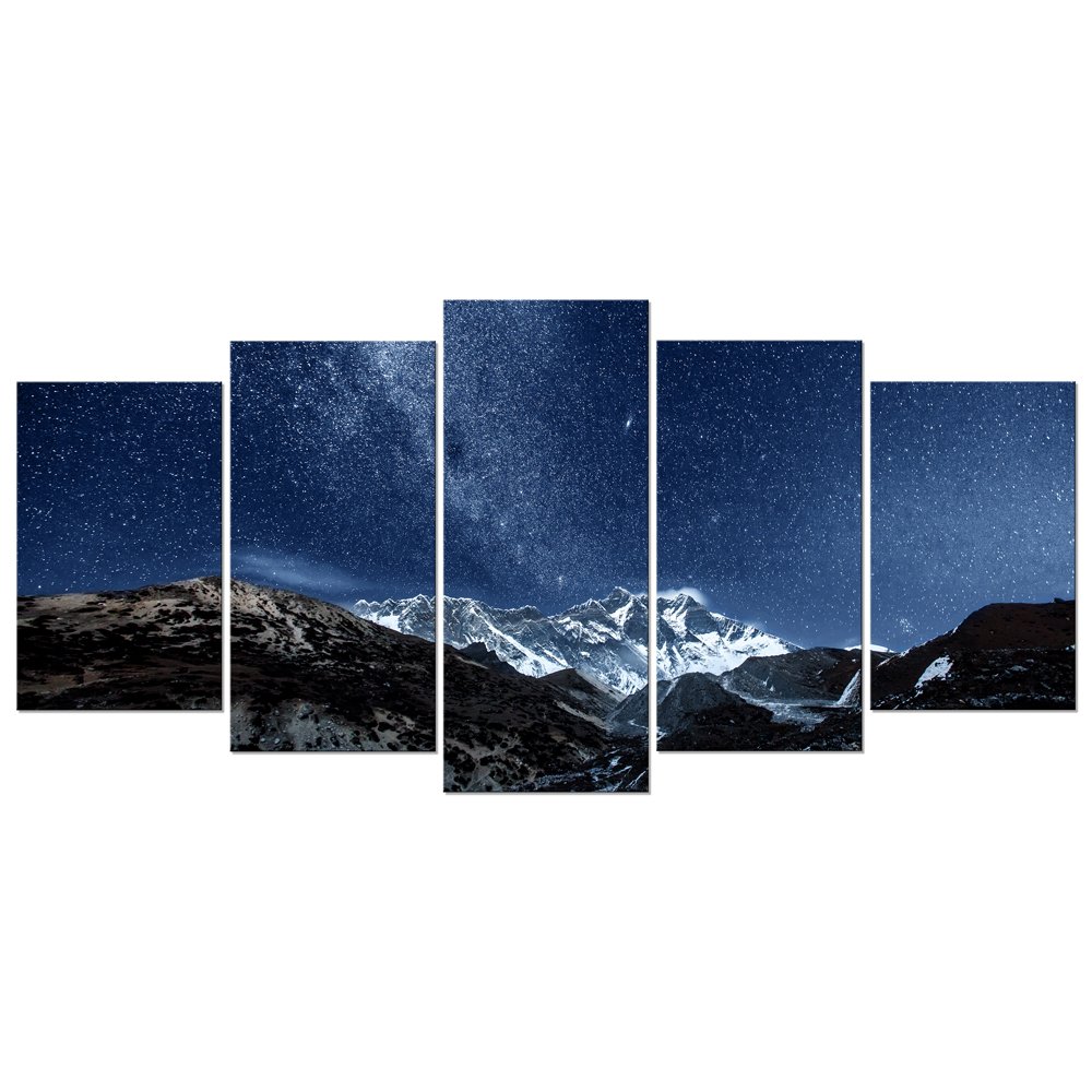 Pyradecor Blue Giclee Canvas Prints Wall Art Starry Night Sky Over Snowy Mountain Pictures Paintings for Living Room Bedroom Home Office Decorations 5 Piece Modern Milky Way Landscape Romance Artwork