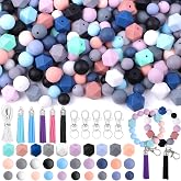 Vellibring 121 PCS Silicone Beads for Keychain Making Kit,12mm 15mm Round 14mm Polygonal Rubber Beads Multicolor Bulk Silicone Loose Beads for DIY Necklace Bracelet Jewelry Making Supplies