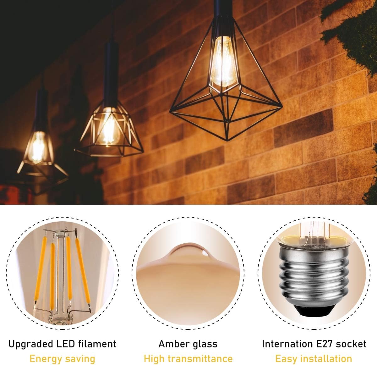 Edison Light Bulb, 4W LED Vintage Bulbs E27, Retro LED Filament Bulb Amber Glass Edison Screw Lamp ST64 - Image 4