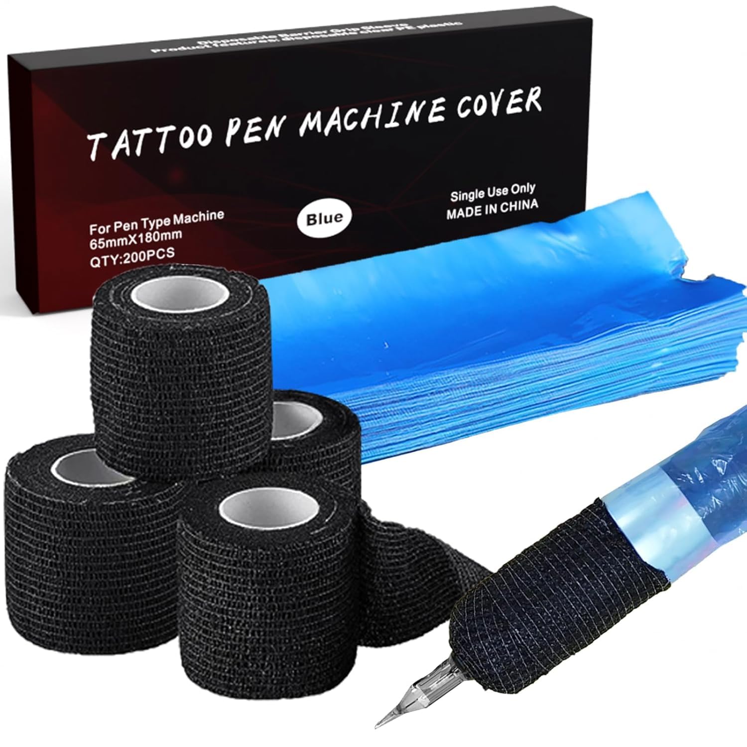 Grip Tape with Tattoo Pen Pockets - TONBAO 4 Pieces Tattoo Grip Cover Wrap, 5 cm x 4.5 m, with 200 Pieces Blue Tattoo Machine Pen Bags