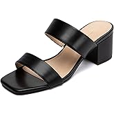 Glamnest Women's Two Strap Heeled Sandals Square Open Toe 2 Inch Low Chunky Block Heels Slip On Dressy Slides Comfortable Summer Wedding Party Shoes Wide Width Friendly