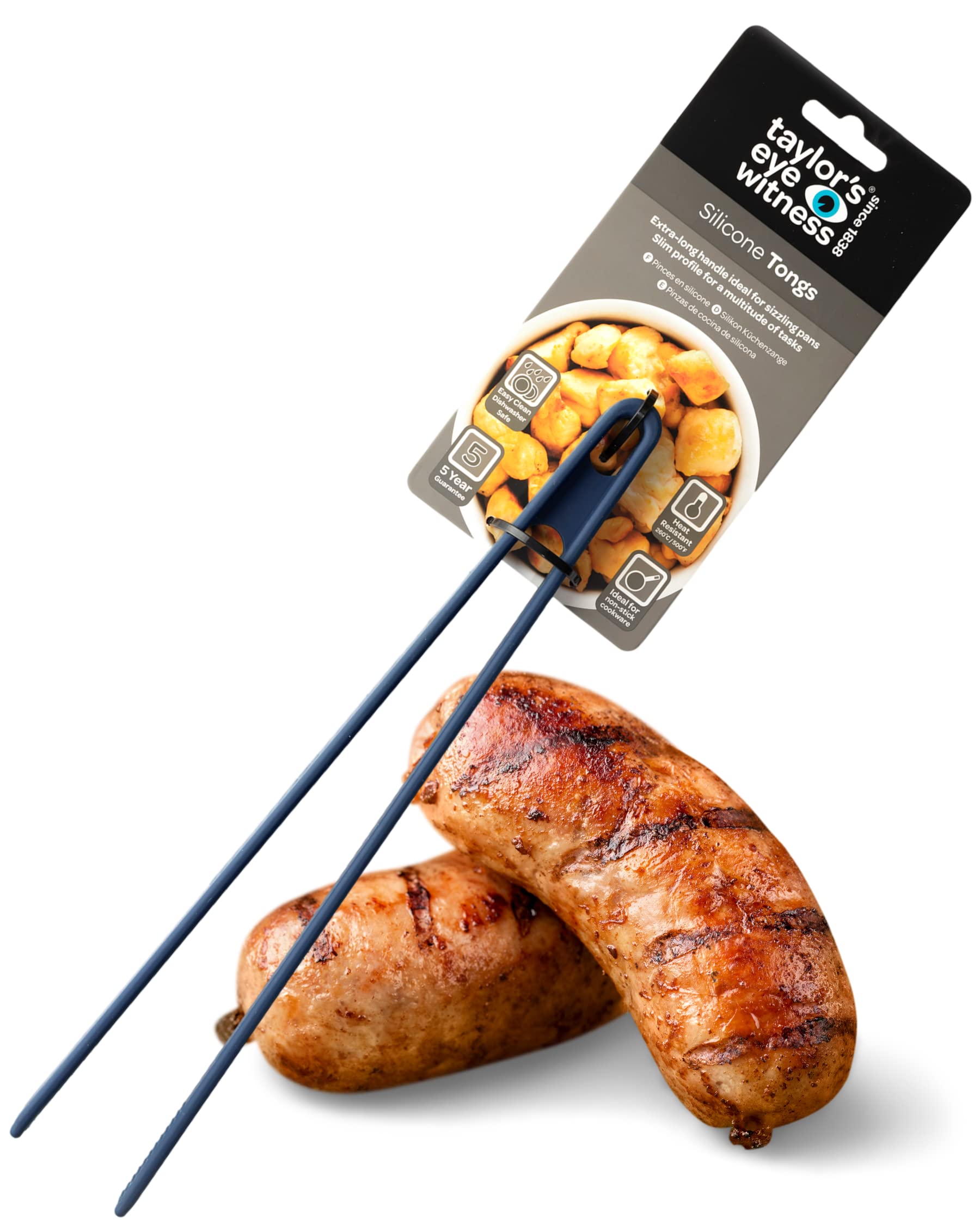 Taylors Eye Witness Large Blue Silicone Gripping Tongs - Dishwasher Safe. Sturdy Build, Non-Scratch Grip Heads, Long Handle. Odour, Stain & Heat Resistant (260°C/500°F). 5 Year Guarantee