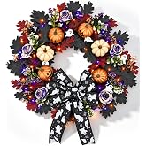 Vivimemo 22'' Halloween Wreath for Front Door with Orange, Purple Light | Pumpkins, Purple Roses, Cute Ghost, Boo Bow Halloween Decoration for Home Porch Wall Indoor Outdoor Gothic Decor