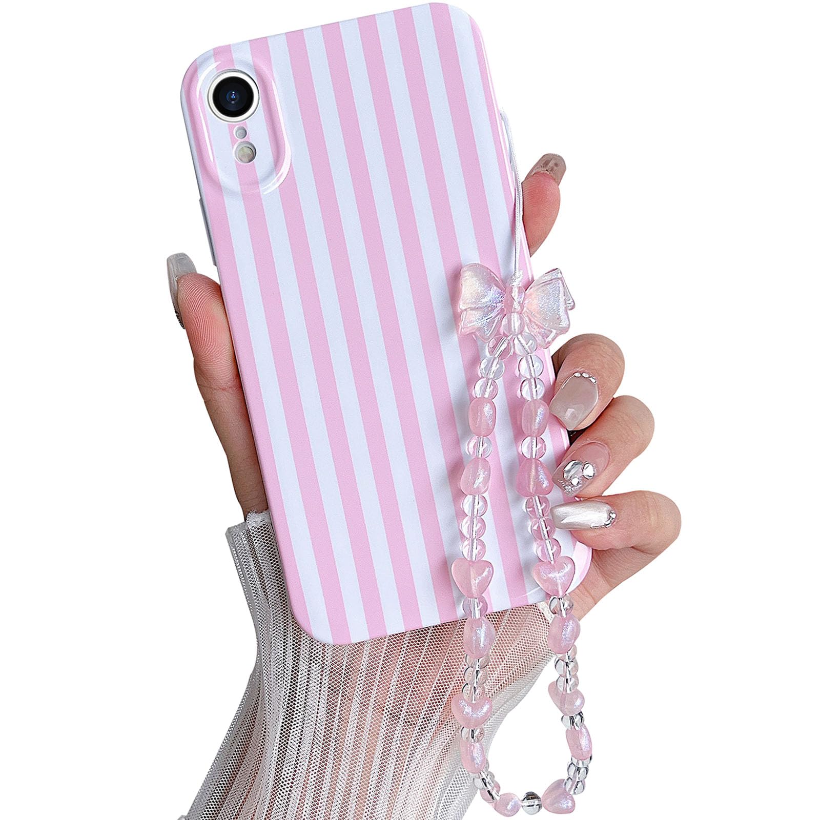for iPhone XR Striped Phone Case with Bead Chain, Cute Aesthetic Soft Slim Fit TPU Shockproof Protective Cover for Girls Women (Pink White)