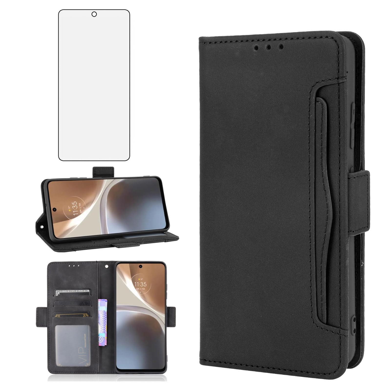 Asuwish Compatible with Motorola Moto G32 Wallet Case and Tempered Glass Screen Protector Card Holder Stand Leather Flip Cell Accessories Phone Cover for MOTOG32 G 32 Women Men Black