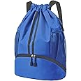 Hoedia Sports Drawstring Backpack - String Swim Gym Bag with Shoes Compartment and Wet Proof Pocket for Women and Men, Blue