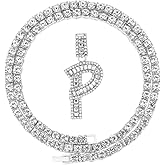 HH Bling Silver Gold Iced Out Baguette Initial Letter Necklaces for Men Women, Big Cz Diamond Capital Letter Pendant A-Z with Rope Tennis Chains