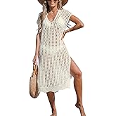 CUPSHE Women's Crochet Swim Suit Coverup Cap Sleeve Knit Loose Beach Cover Ups Side Split Midi Dress