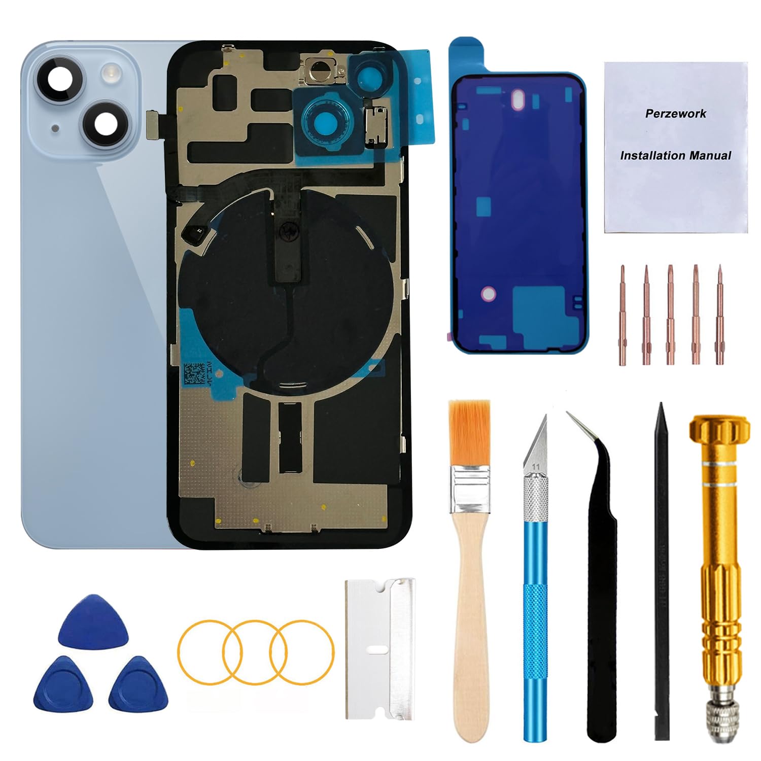 Photo 1 of Perzework Rear Back Glass Replacement for iPhone 14 6.1-inches with Reparing Toolkit and All Necessary Parts (Blue)