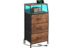 Somdot Tall Nightstand with Charging Station and LED Light for Bedroom, 3 Drawers Dresser with Fabric Bins for Bedside Kids Dorm Room Closet Laundry Entryway, Wood Grain Print