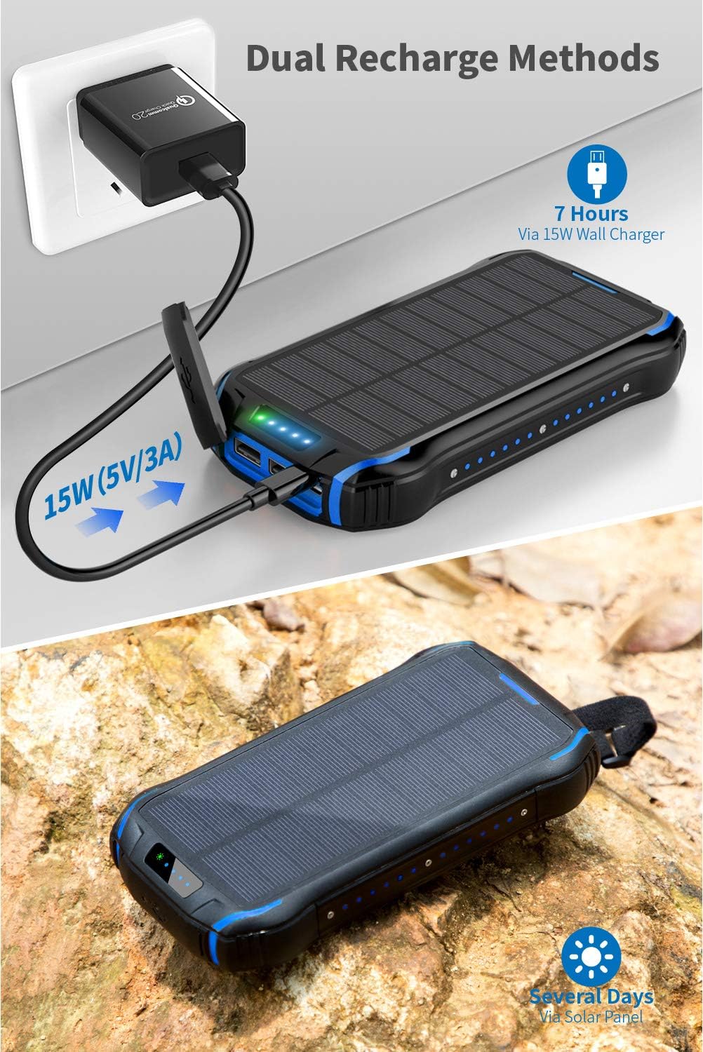 Solar Charger 26800mAh, Solar Power Bank, Portable Charger Battery Pack with 3 Outputs & 2 Inputs(Micro USB ＆ Type-C) Huge Capacity Backup Battery Compatible Smartphone, Tablet and More
