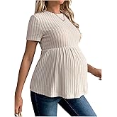 RoseSeek Women's Ruffle Hem Maternity T Shirt Short Sleeve Crewneck Ribbed Knit Peplum Tee Tops