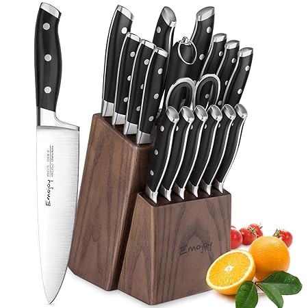 Emojoy Messerblock, 18-teiliges Set, Messerset mit Messerschärfer und Holzblock, Extra Scharf und Lange Haltbarkeit, 25x16x38